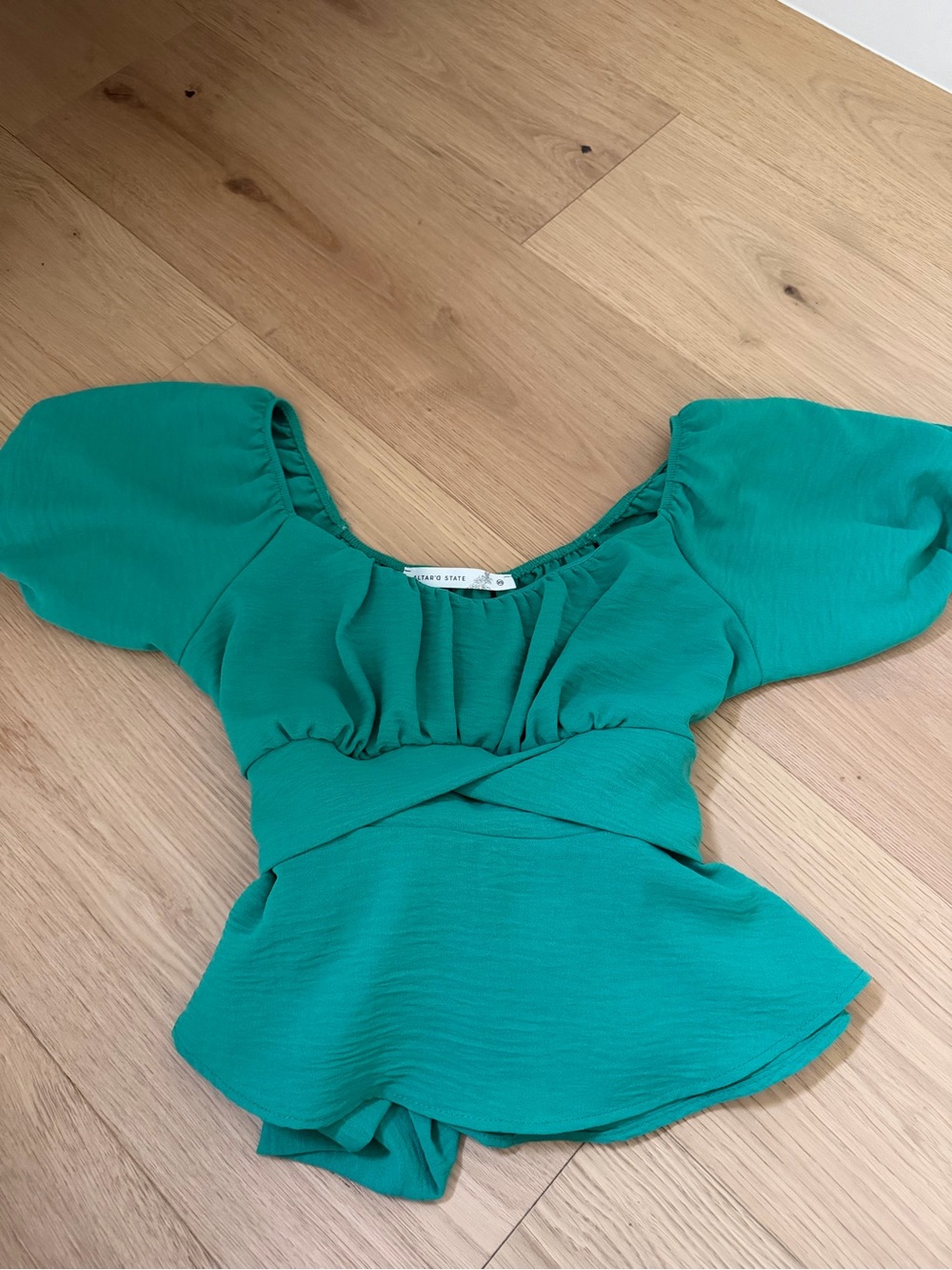 Altar'd State Teal Green Puff-Sleeve Peplum Top